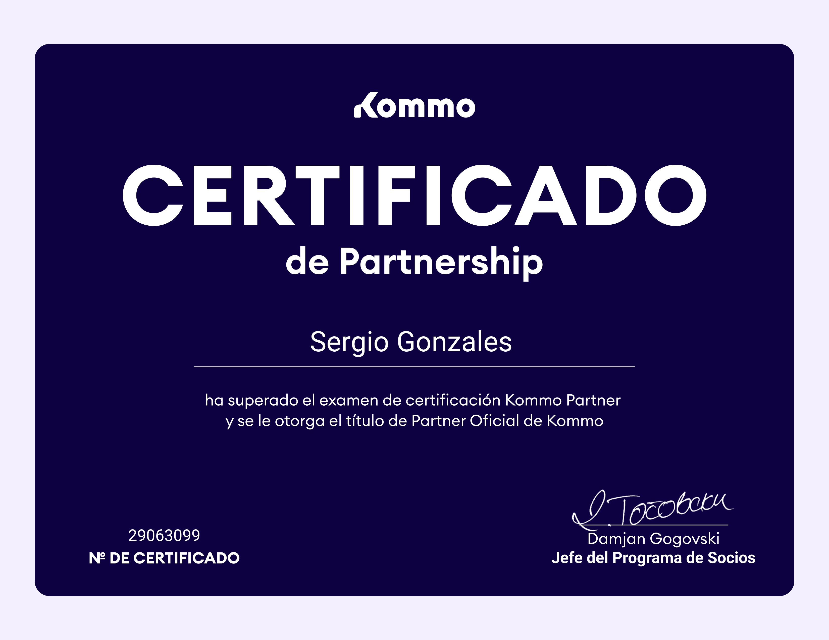 Certificado oficial de Partnership Kommo de Sergio Gonzales